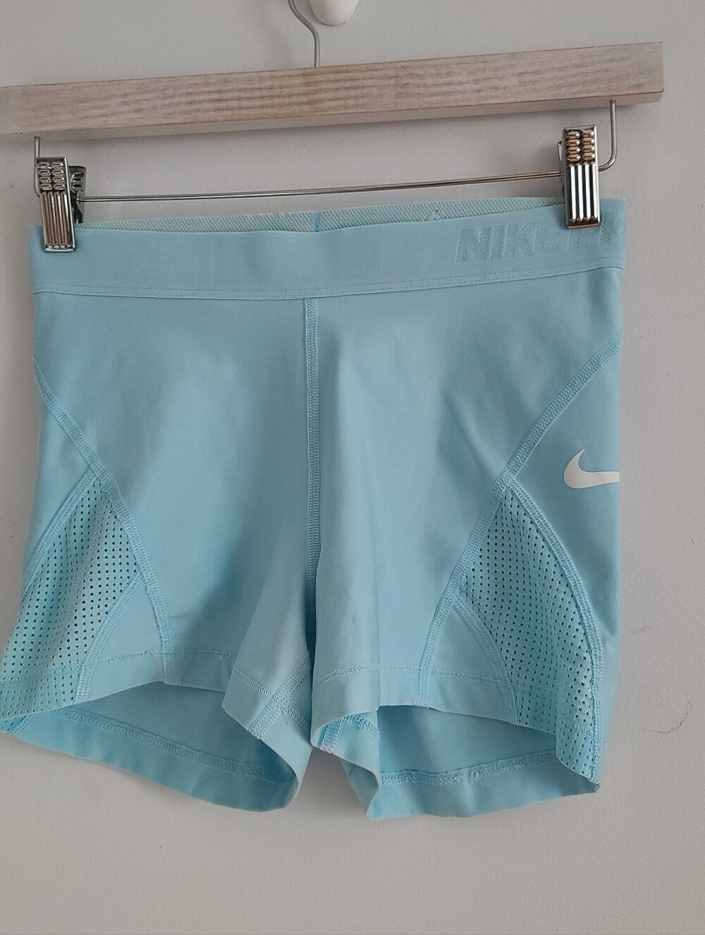Nike Women's Pale Blue Bike Shorts with White Swoosh Size S